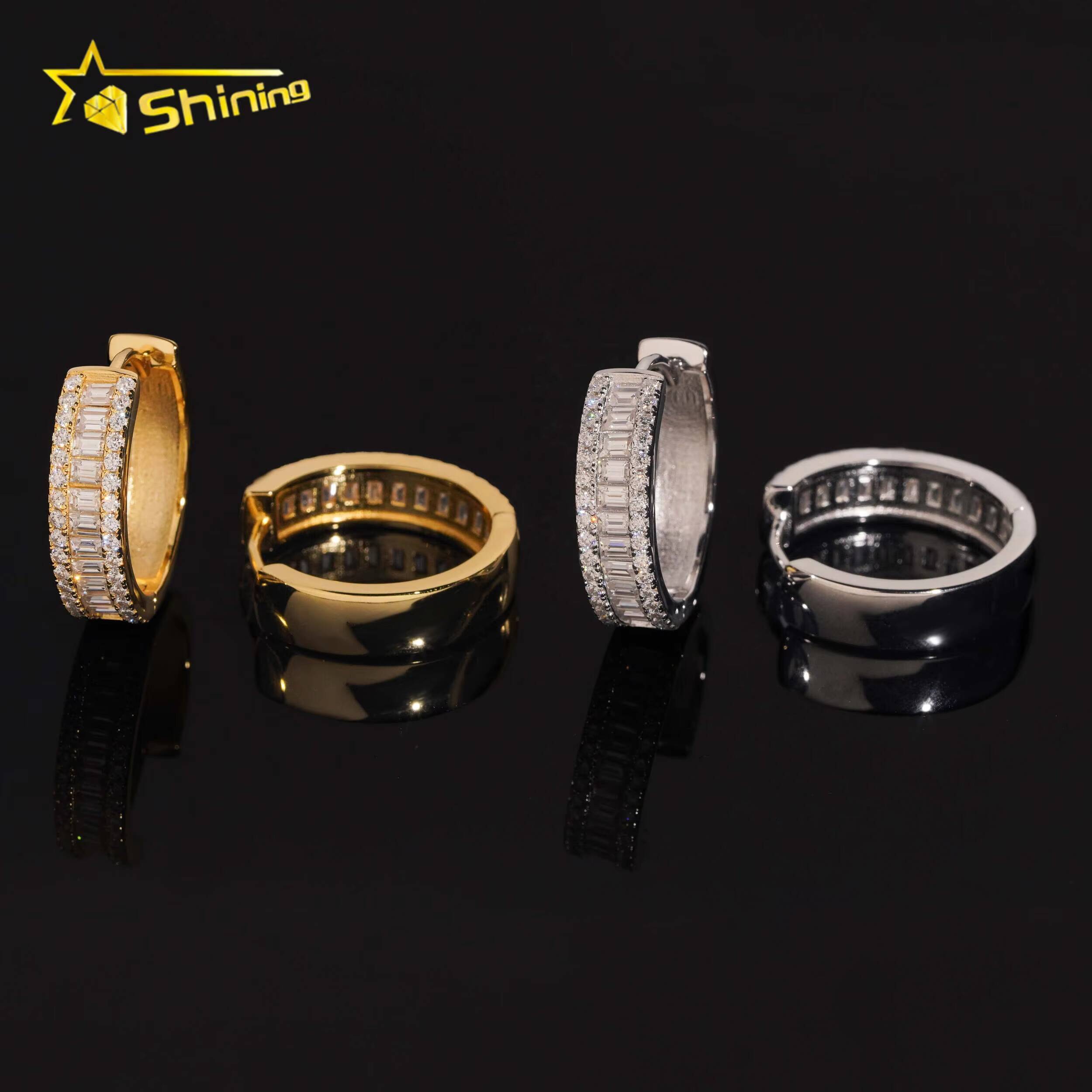 Fine Jewelry 925 Silver Hip Hop Gold Plated Iced Out Baguette Moissanite Diamond Hoop Earrings