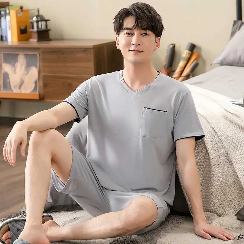 New V-Neck Modal Cotton Mens Summer Short Sleeve Shorts Pajamas Set Big Size M-4XL Sleepwear Leisure Suits Nightwear Mens Pajamas W250717