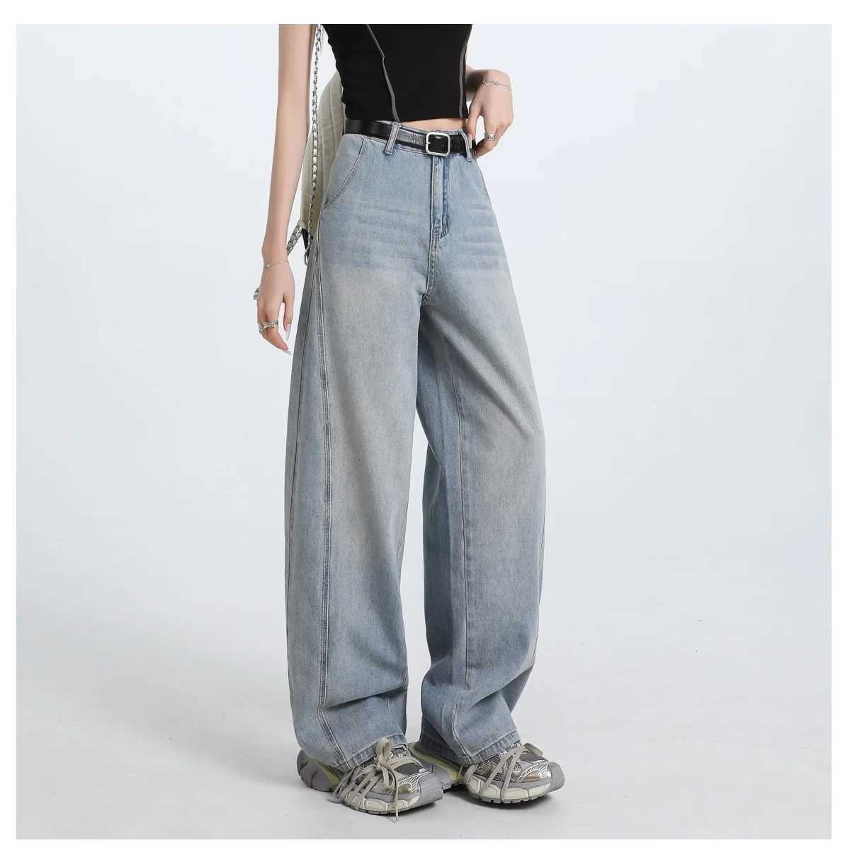 Womens Fashionable Wide-Leg Jeans High-Waisted Loose Slim Design Straight-Leg Street Style Womens Trousers R250716