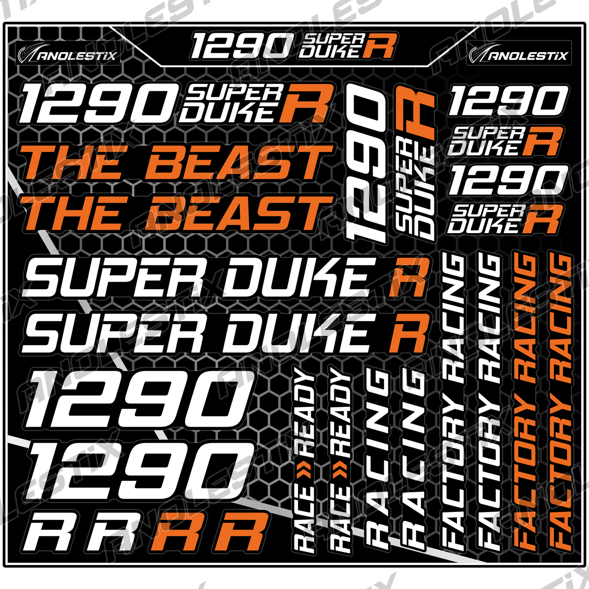 AnoleStix Vinyl Motocross Motorcycle Stickers Logo Set Emblem Tank Helmet Decals For KTM 1290 Super Duke R