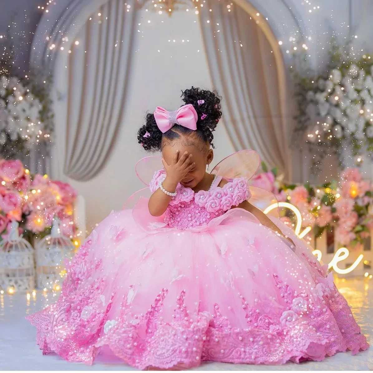 Flower Girl Dresses For Wedding Pink Tulle Pearls Lace Ball Gown Princess First Communion Birthday Photos Shoot Z250716
