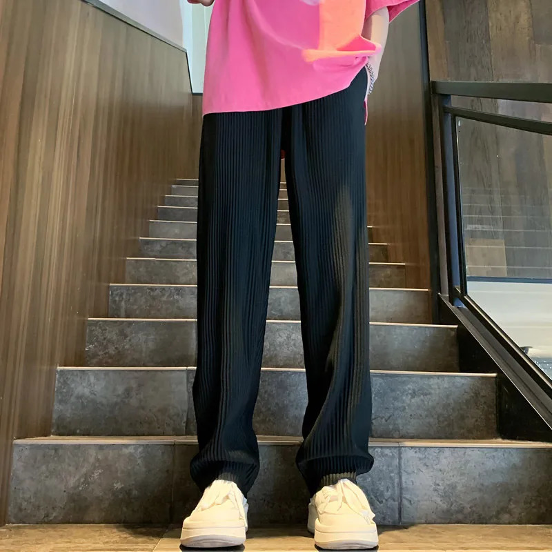 Summer Casual Pants Men Black Gray Ice Silk Pants Men Japanese Streetwear Hip-hop Loose Straight Trousers Mens Pleated Pants 250715
