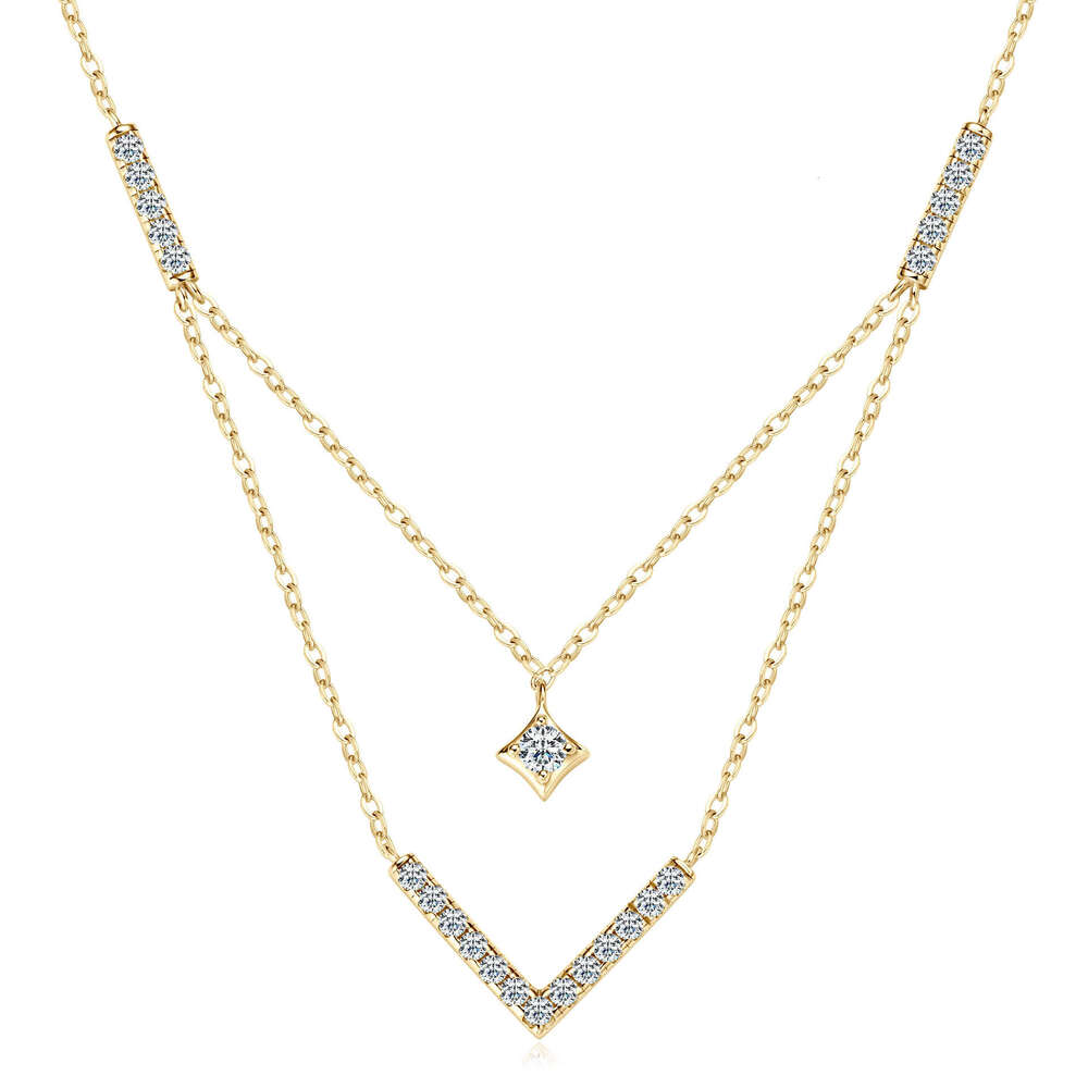 Double Layer Stacked V-Shaped Moissanite Necklace For Women Versatile Niche Design Ins Style Pure Sier Clavicle Chain Cf2