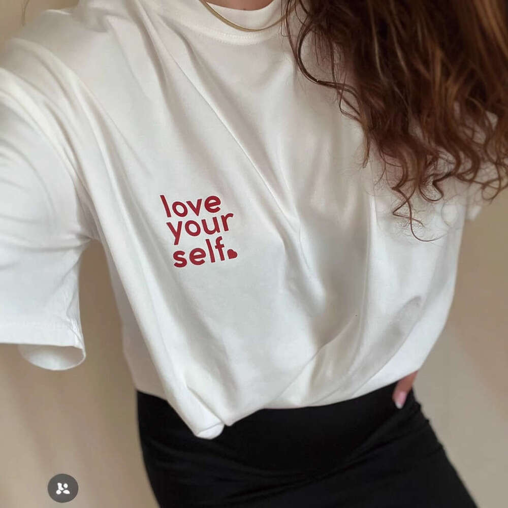 Minimalist Letter Print T-Shirt For Women, Summer Versatile Loose Round Neck Pure Cotton Short Sleeve Top B5