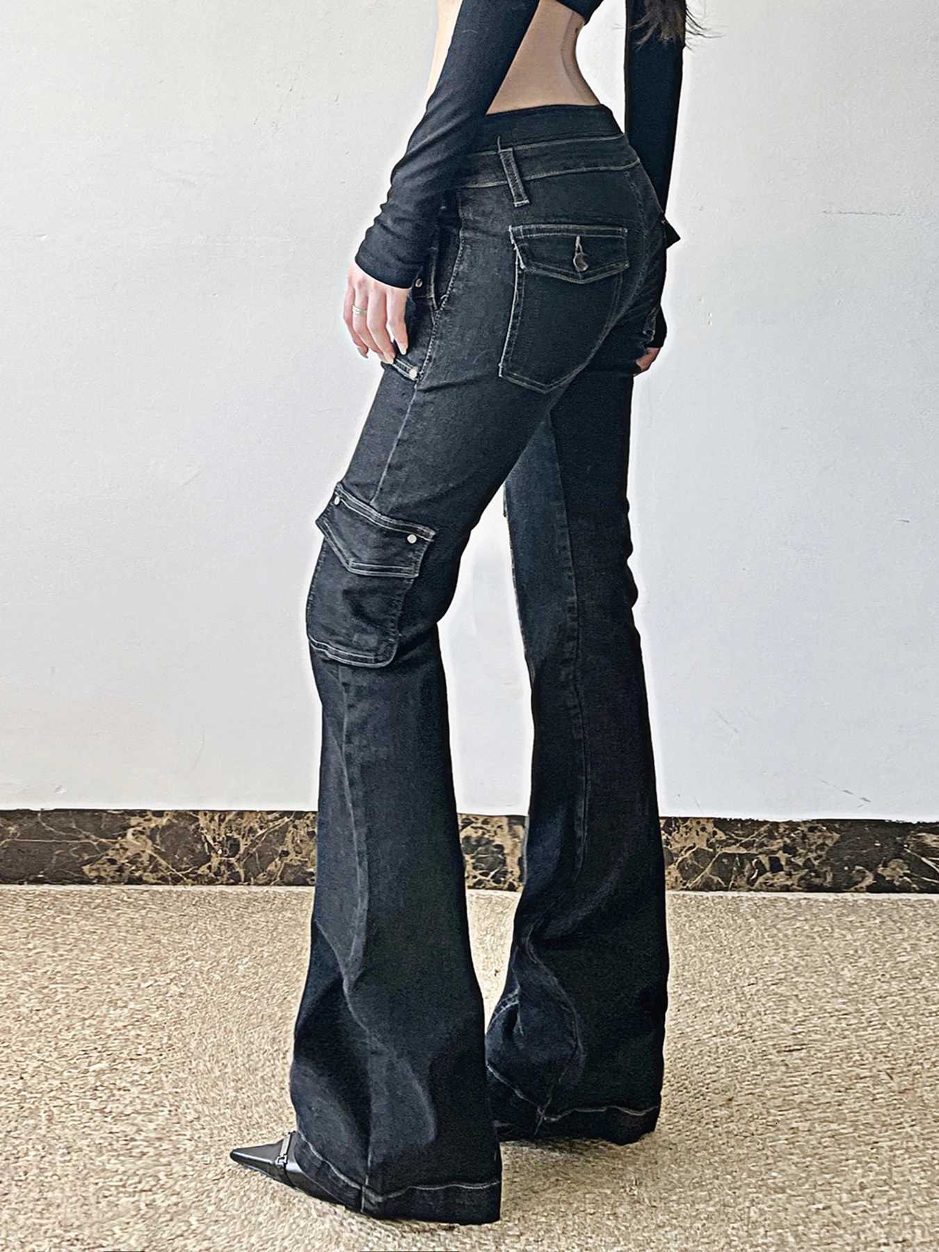 Weekeep Punk Style Star-shaped Rivet Jeans Low Rise Multi-pockets Patchwork Denim Cargo Pants Korean Fashion Hippie Flared Jeans R250716