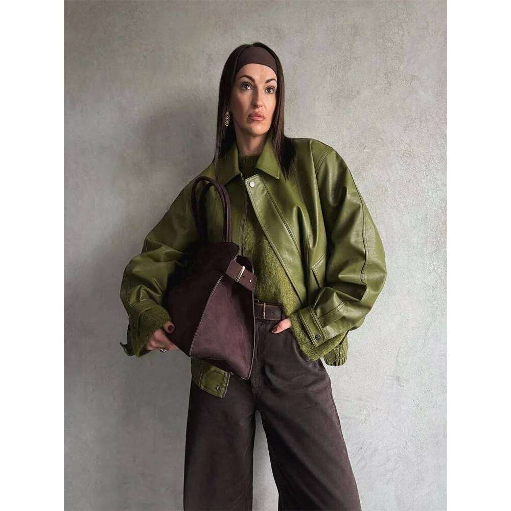 Green PU Leather Jacket Women Retro Laple Zipper Loose Full Sleeve Oversized Coat Female 2025 New Fashion Lady Solid Streetwear