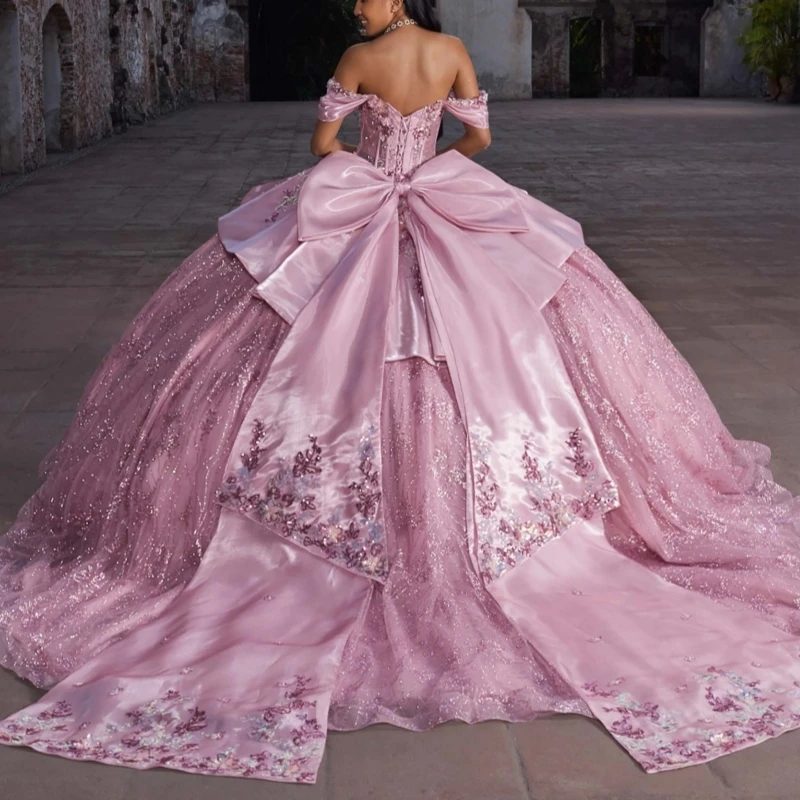 Pink Shiny Quinceanera Dresses Ball Gown Off The Shoulder Sequin Applique Lace Beading Crystal Tull Party Birthday Sweet 16 Dress Vestidos 15 De Anos