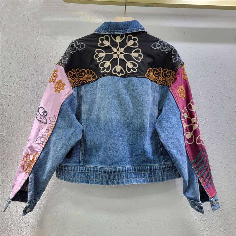 YEAE Retro Contrasting Color Splicing Irregular Long-Sleeved Denim Jacket 2025 Spring New Loose Top
