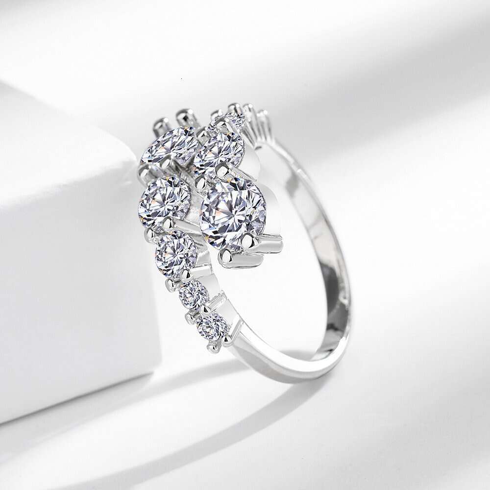 INS Light Luxury Platinum-Plated Diamond Moissanite Double Row Inlaid Open Proposal Women's Index Finger Ring 4ac