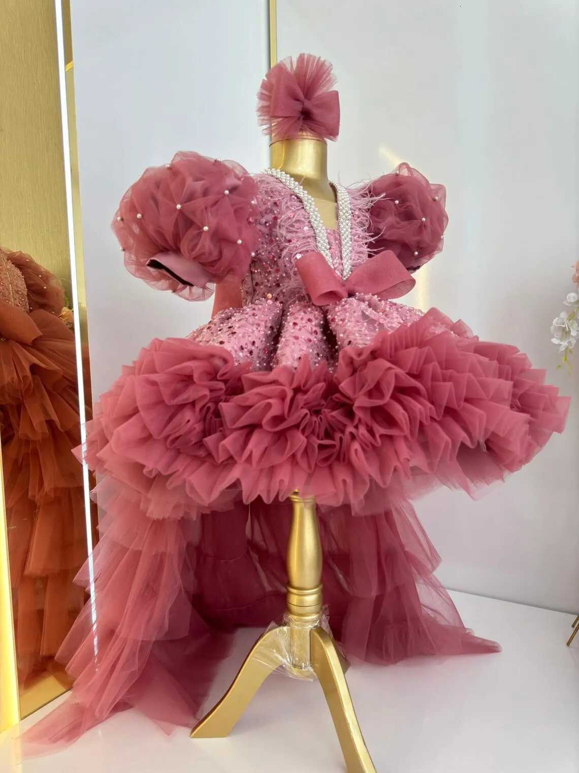Dusty Pink Birthday Princess Feather Tulle Pageant Dress Glitter Flower Girl Dress Party Bow Formal Prom Gowns with Long Train Z250716