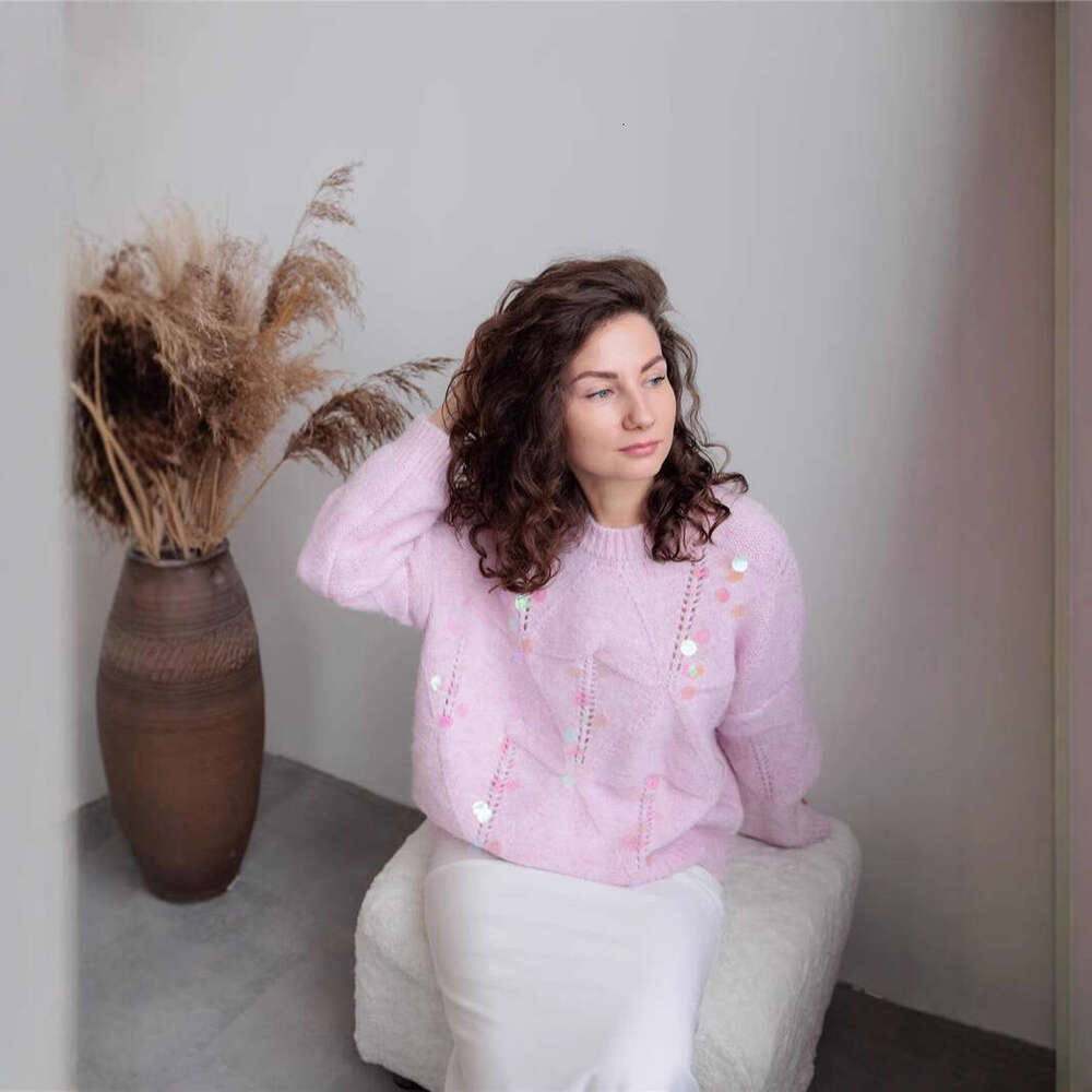 French Style Sequin Hollow Soft Sweater Knitwear For Women Autumn Winter Heavy Craft Design Niche Lazy Loose Top B5