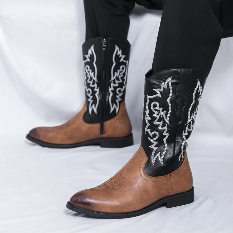 Retro Fashion Men Boots Head Snake Skin Patent Leather Winter Shoes Embroidered Western Cowboy Boots Footwear Plus Size 250715