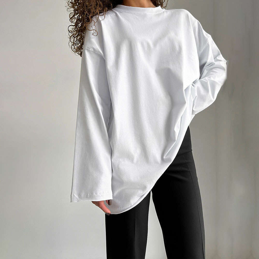 100% Cotton T-Shirt For Women Spring New Loose Solid Color Oversize Round Neck Long Sleeve Tee B5