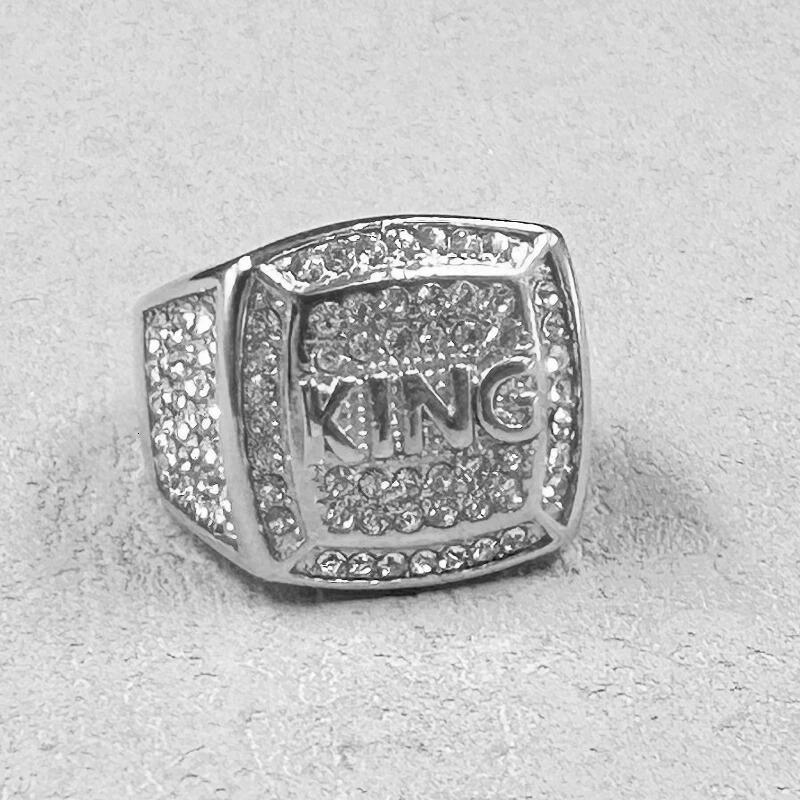 Hip Hop full rhinestone 316L Stainless Steel Gold color King Finger Rings for Men Rapper party Jewelry 250716
