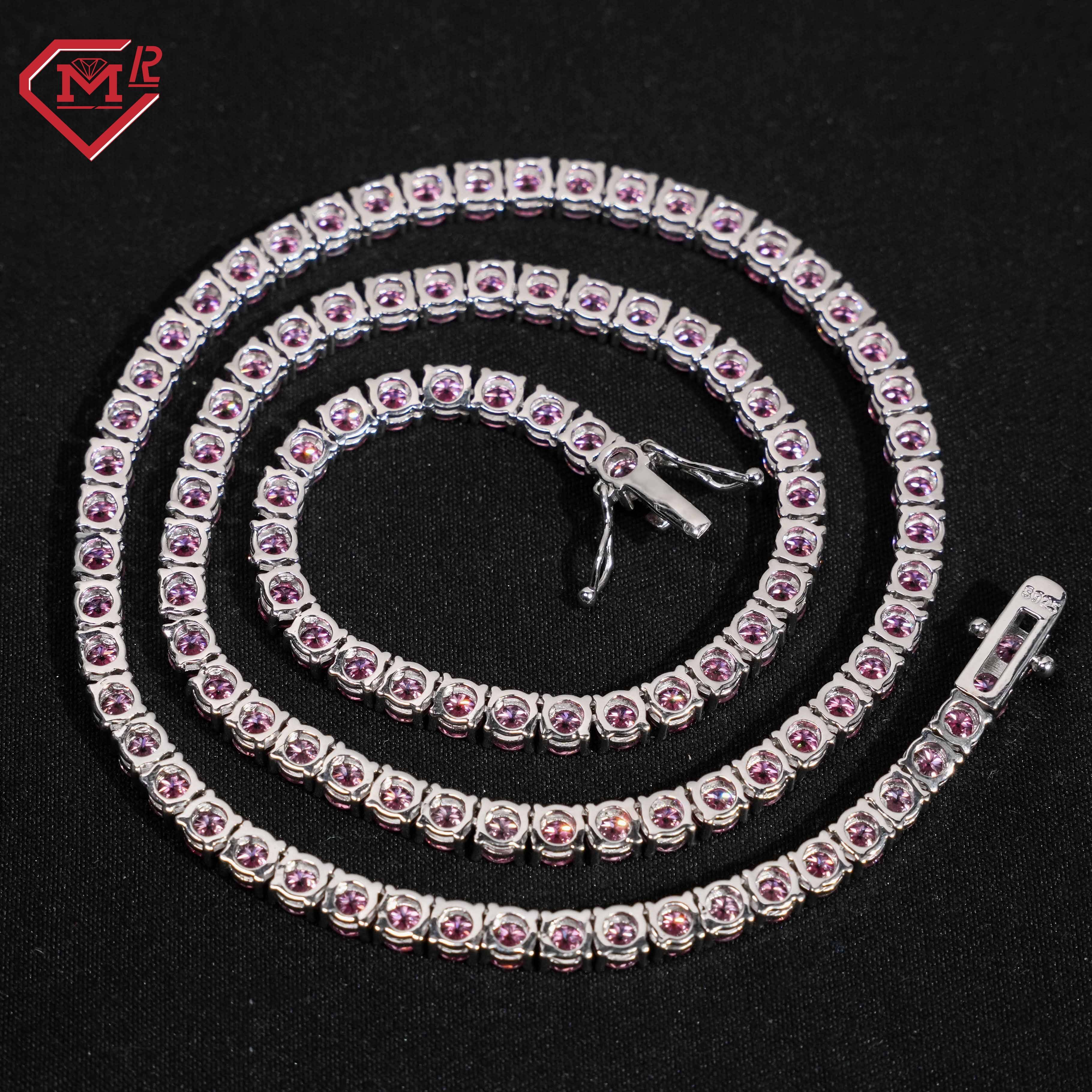 4MM Tennis Chain Necklace Hiphop Jewelry Purple Stone 925 Silver Vvs Iced Out Moissanite Tennis Chain