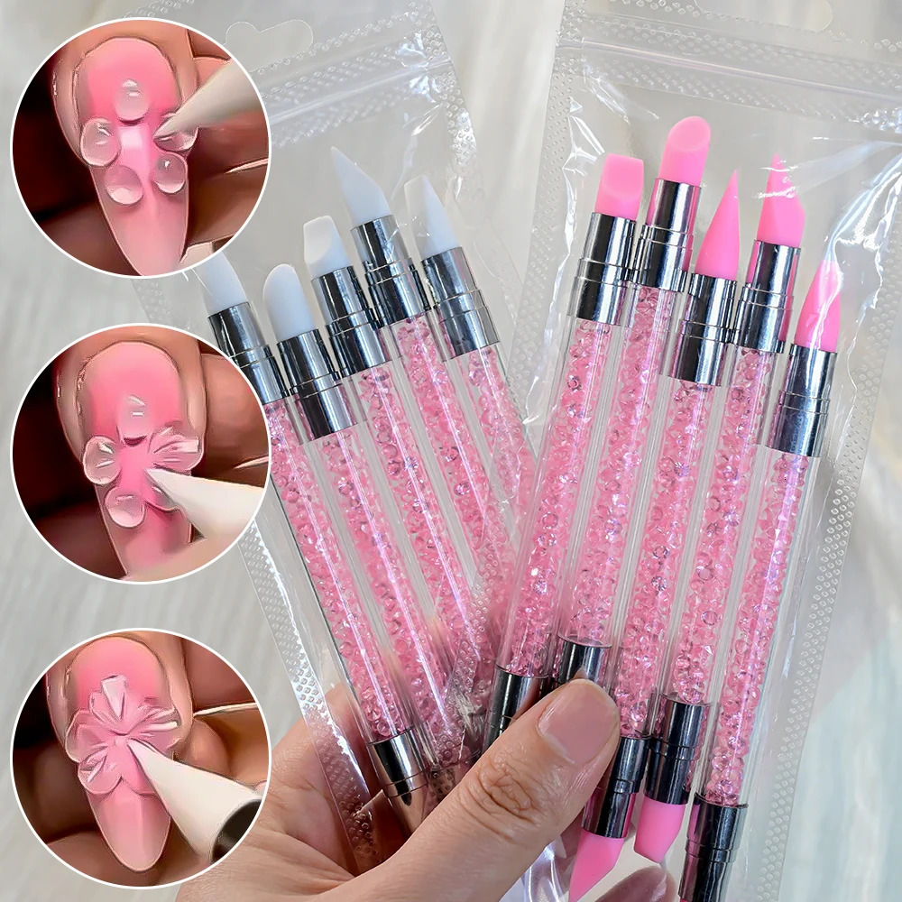 5Pcs/Set Pink Dual Ended Rhinestone Nail Art Silicone Pen Sculpture Pen/3D Flower Carving/Dotting Nail Tool 13cmManicure Brush 250716