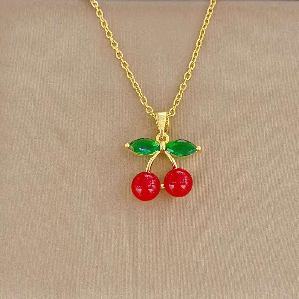 Korean And Japanese Style Trendy Red Cherry Pendant Necklace For Women 2025 Spring Light Niche Collarbone Chain Accessory 906