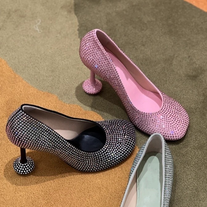 Cowhide Version ~ MiMi Same Style Full Diamond High Heels Women Thin Heel Round Toe Shallow Mouth Single Slimming Women's Party Shoes ddmysaturn