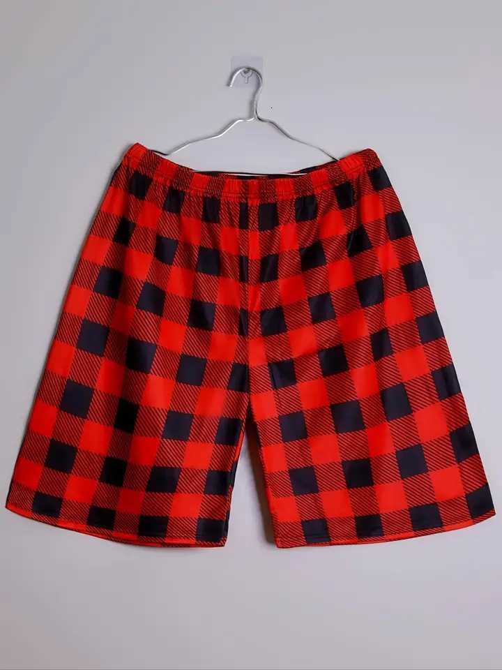 3-Piece Mens Checkered Pajama Set - Short-Sleeve Top + Shorts + Pants Black/Red/White Retro Style - Summer Comfort Lounge Wear W250717