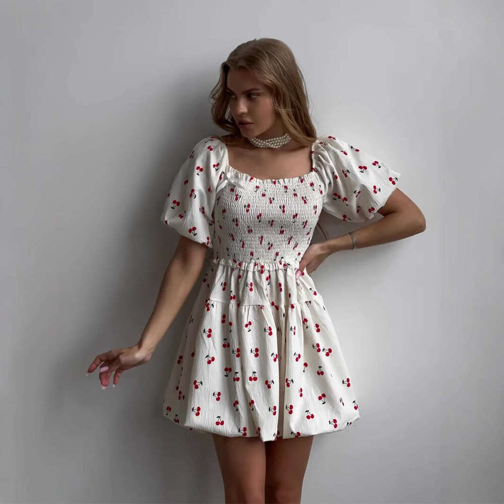 Square Neck Puff Sleeve Summer New Waist-Cinching Printed Short Dress B5