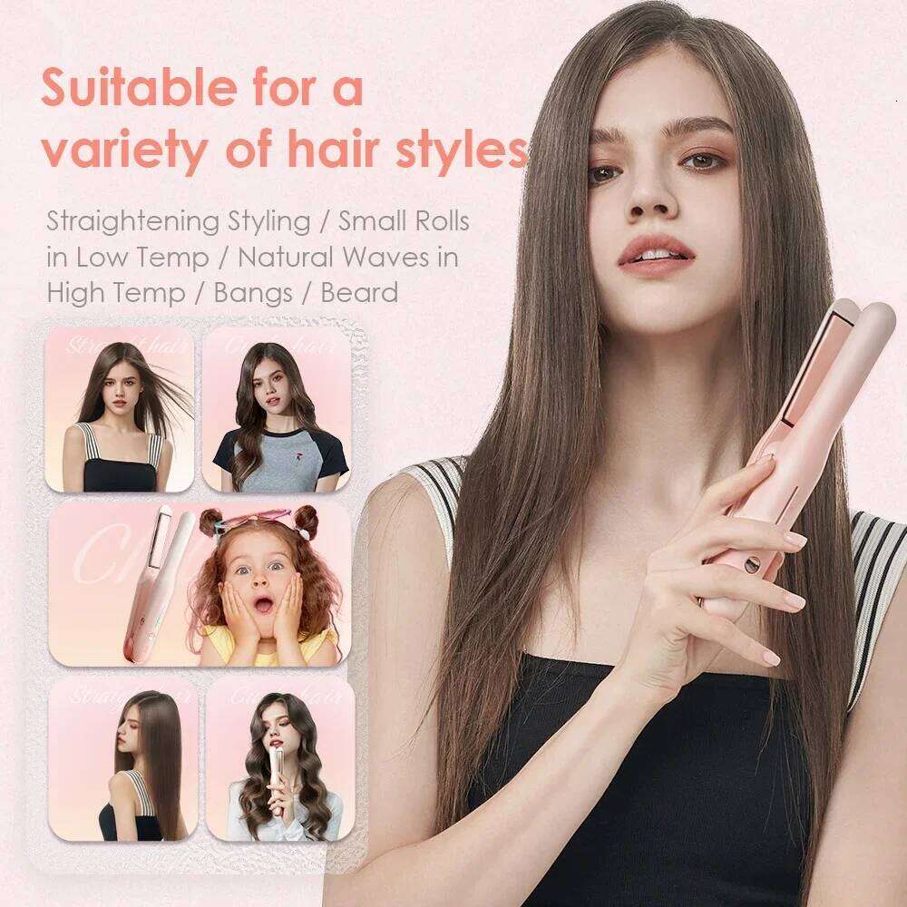 NOVUS Cordless and Curler 2 in 1 USB Mini Ceramic Fast Heating Portable Hair Straightener for New Year Gift