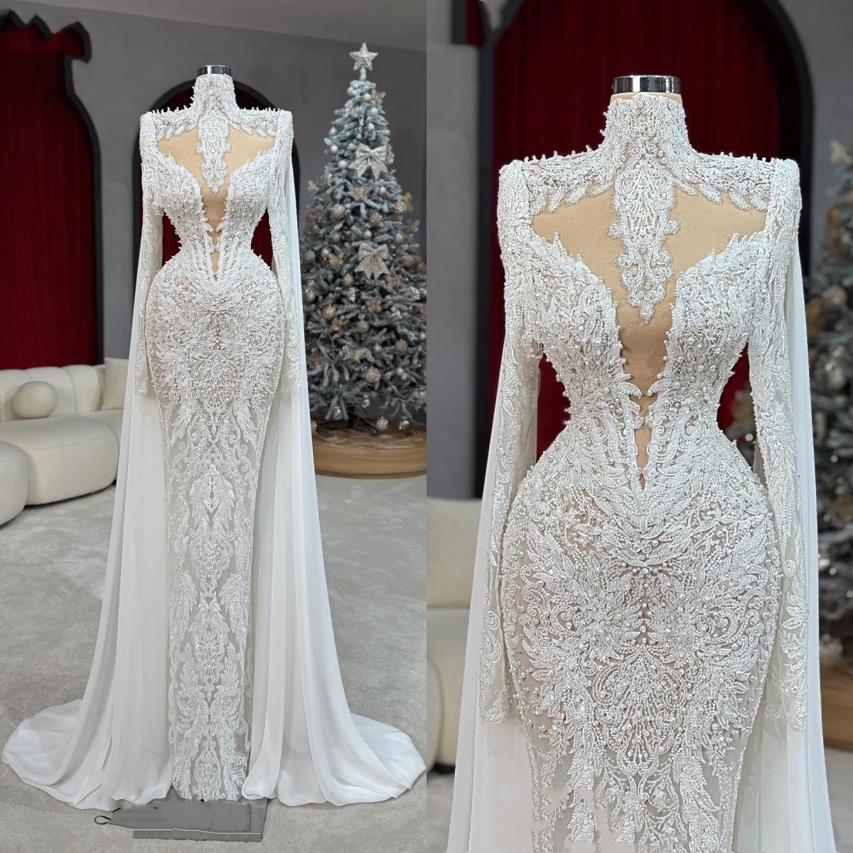 Vintage Mermaid Wedding Dress High Neck Long Sleeves Bridal Gowns Pearls Beaded Lace Detachable Train Dresses Custom Made vestidos de novia