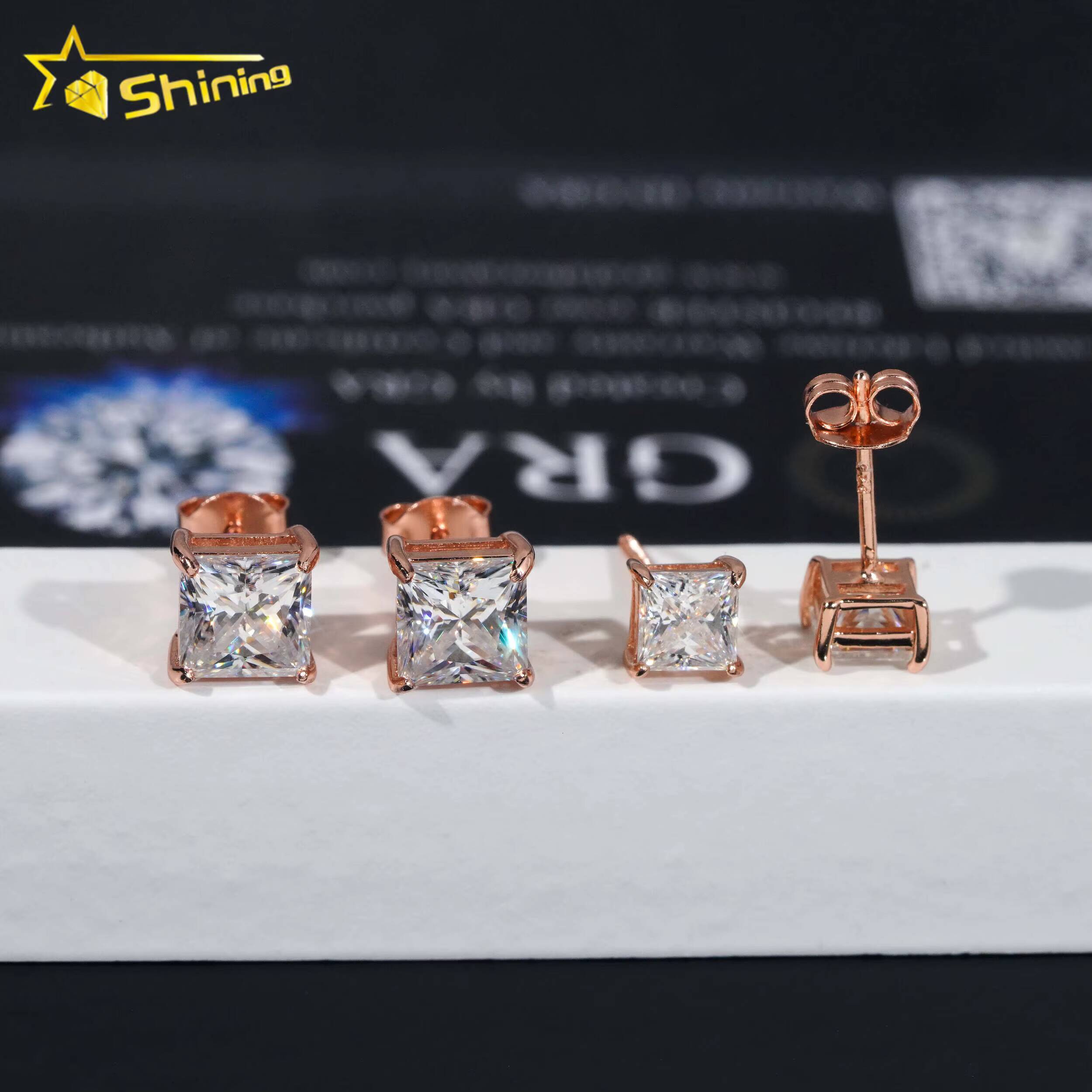 Factory Price GRA Certificated Moissanite Diamond Earrings Women 925 Solid Silver Solitaire Princess Cut Diamond Stud Earrings