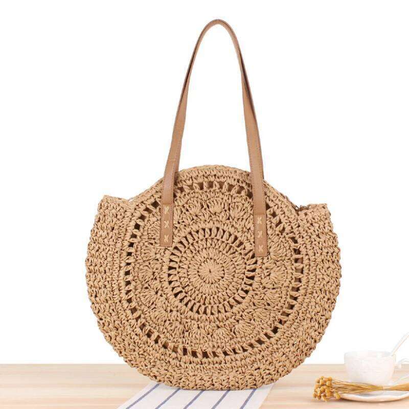Summer Round Straw Women Vacation Woven Shoulder Large Capacity Hollow Out Simple Tote Travel Beach Bag Handbags