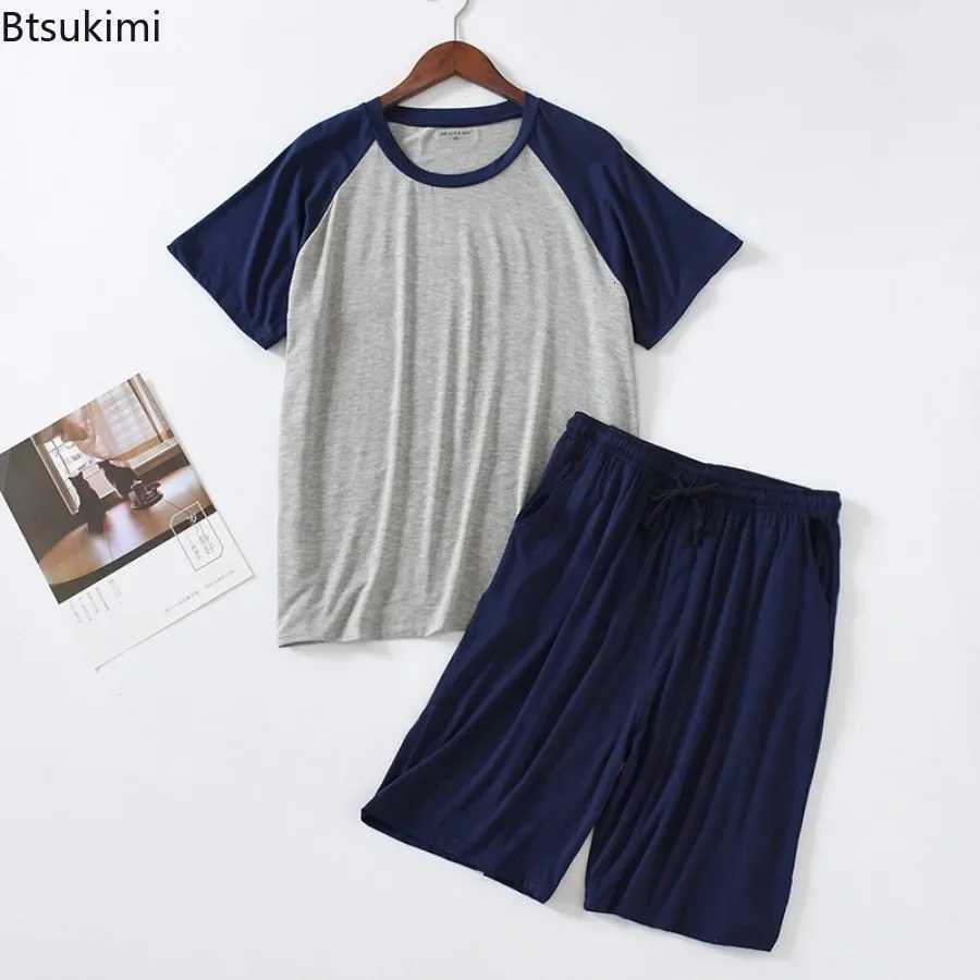 2025 Mens Summer Modal Pajama Sets O-neck Short Sleeve Tops and Short Pants Homewear Men Loose Soft Colorblock Nightwear Sets W250717