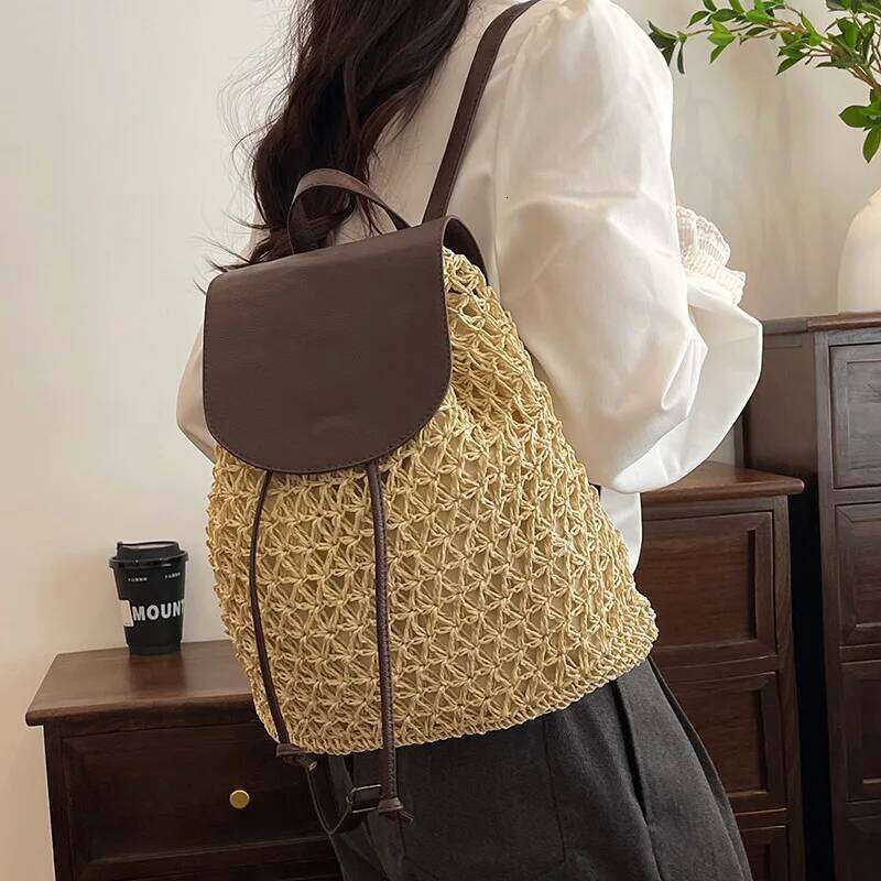 Vintage Women's Fashion Shoulder Bag Versatile Straw Woven PU Leather Elegant Designer Backpack