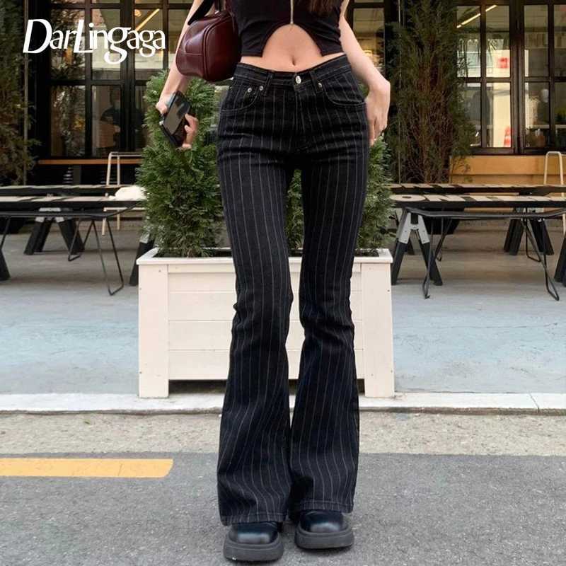 Darlingag Streetwear Striped Low Waist Slimming Jeans Women Button-Fly All Match Boot Cut Denim Trousers 2025 Trend Bottoms Chic R250716