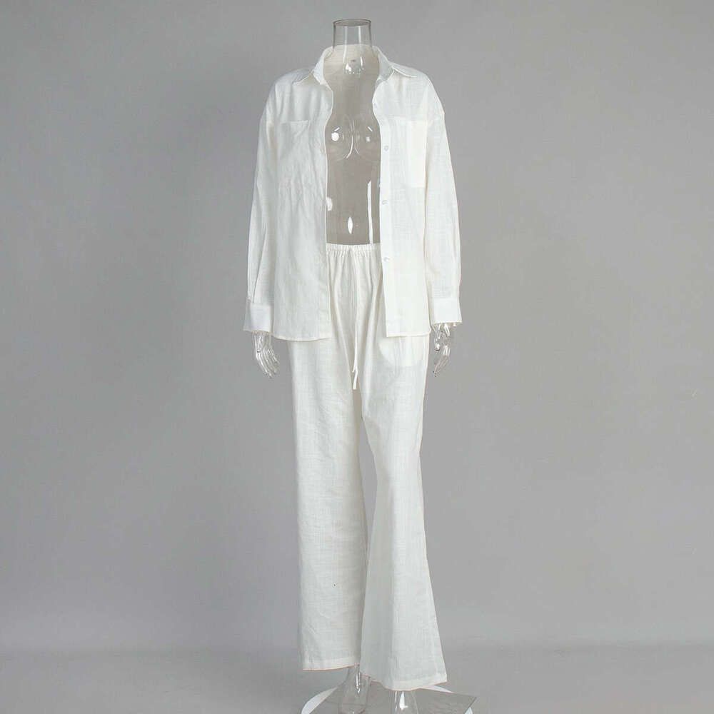 Pure Cotton Long Sleeve Shirt Wide Leg Summer Solid Color Flared Pants Casual Set B5