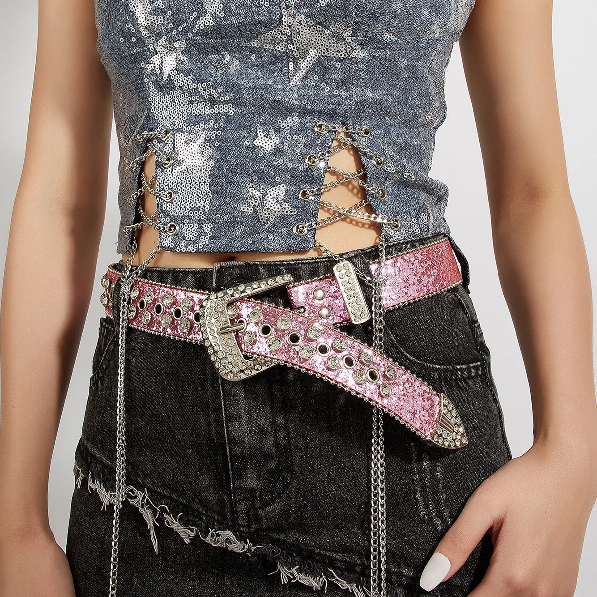 Punk Rhinestone Womens Belts for Jeans Studded Belt Female Waist Belt for Women Gothic Y2K Gold Silver Pink 250717