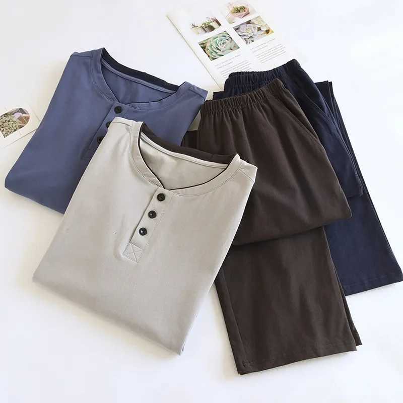 Mens 00% Pure Cotton Pajama Sets AB Style Long Sleeved Pullovers+Pants Home Clothing Men Solid O-Neck Simple Pajama Sets W250717