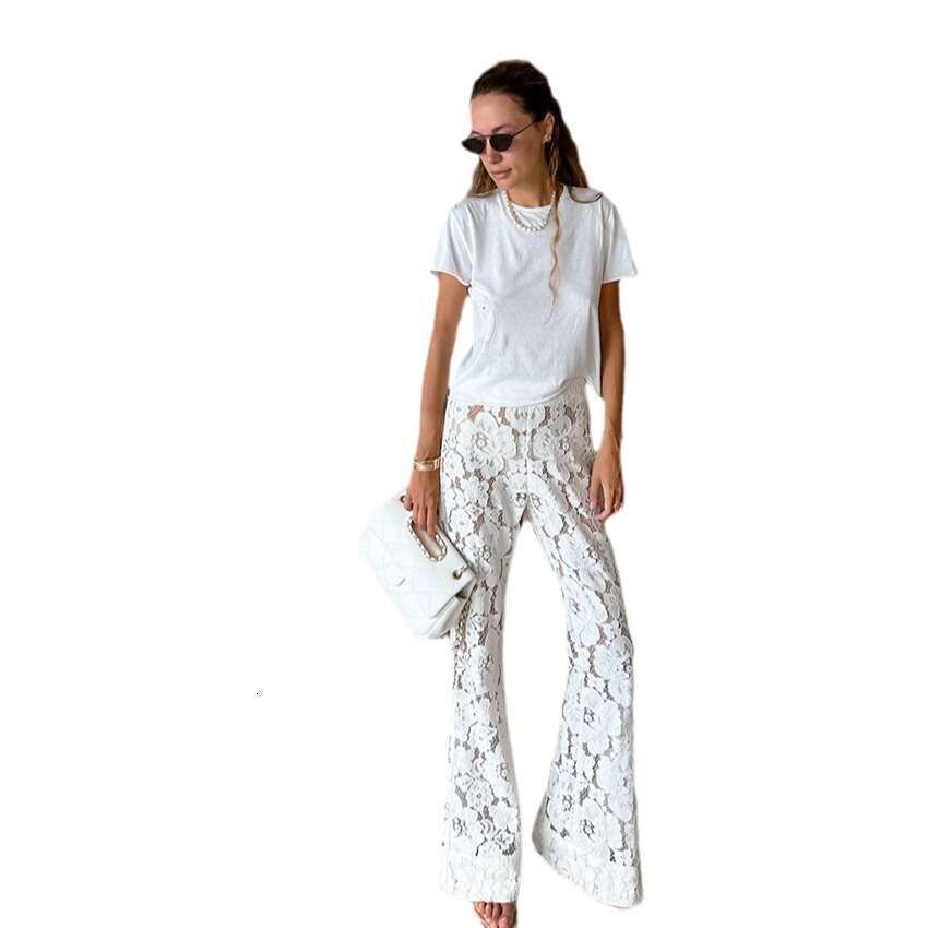 Spring Summer New Women's Jacquard Lace Floral Hollow Slimming Slightly Flared Pants B5