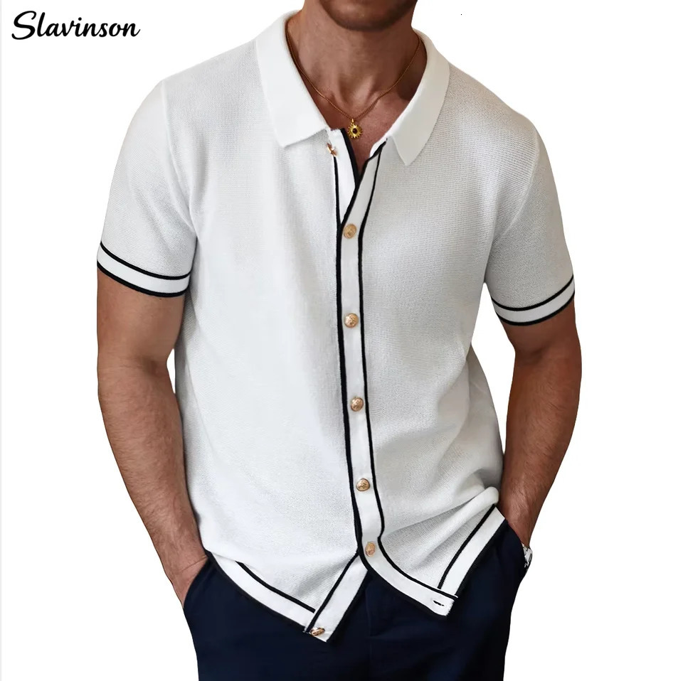 Slavinson Mens Polo Shirts 2025 Summer Mens Retro Knit Lapel Striped Fashion Short-Sleeved Casual Slim Tops US Size 250716