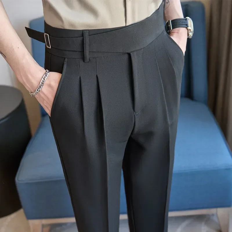 Naples High Waist Casual Pants Fashion Belt Decoration Draping Effect Three-Dimensional Pleated Suit Trousers Light Brown 250707