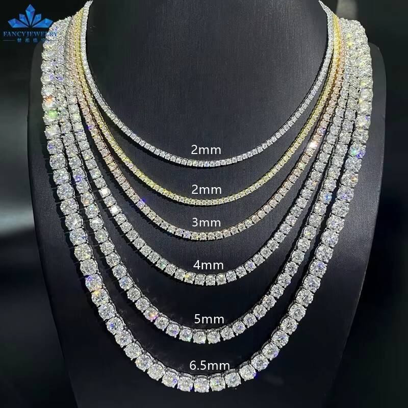 Pass Diamond Tester Large Stock Hip Hop Jewelry 2.0mm-6.5mm 925 Silver Iced Out VVS Moissanite Diamond Tennis Chain Necklaces