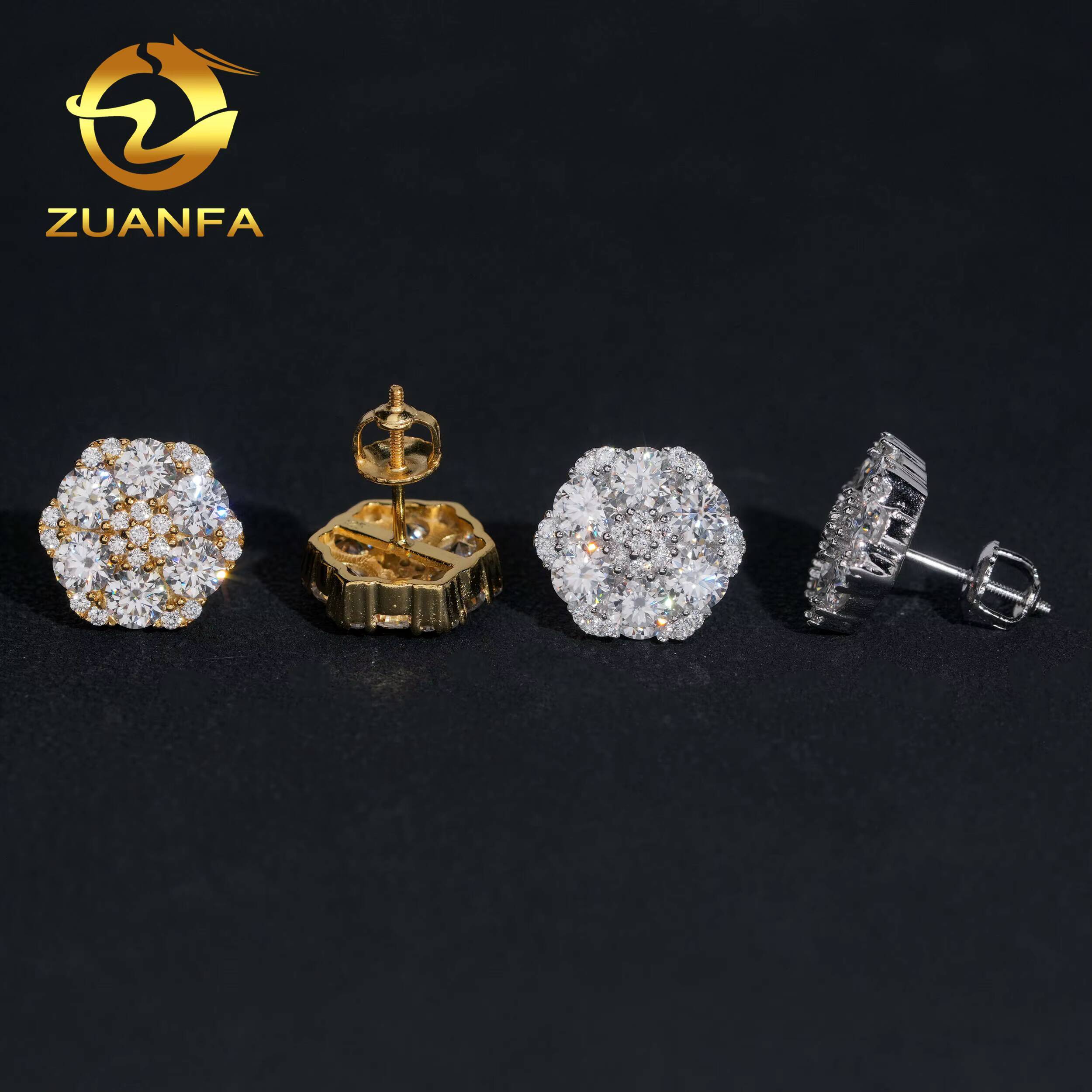 Gra Certificate Flower Cluster Moissanite Earrings 925 Sterling Silver Moissanite Iced Out Earrings for Men and Women