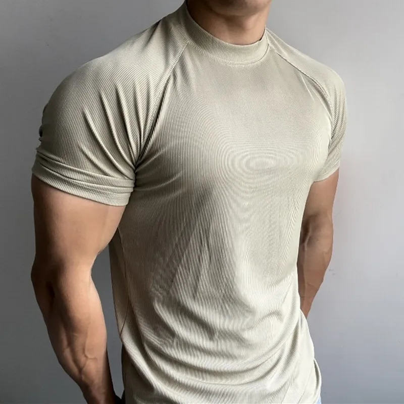 Summer Sports Outdoor Training Short-sleeved Men Slim Stretch Quick Dry Rotator Sleeve Small Neckline T-shirt Solid Color 250715