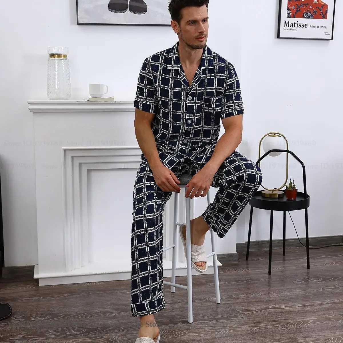 New Mens Pajamas Set Spring Summer Short Sleeve Shorts Pajamas Suit Home Clothes Loose Casual Plaid Sleepwear Lounge Wear W250717