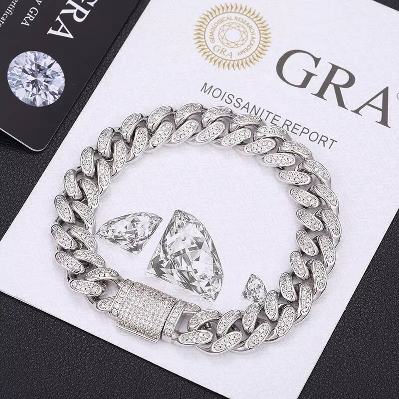 Hip Hop S925 Sterling Silver Link Chain Bracelet VVS Moissanite Iced Out Cuban Bracelet for Men