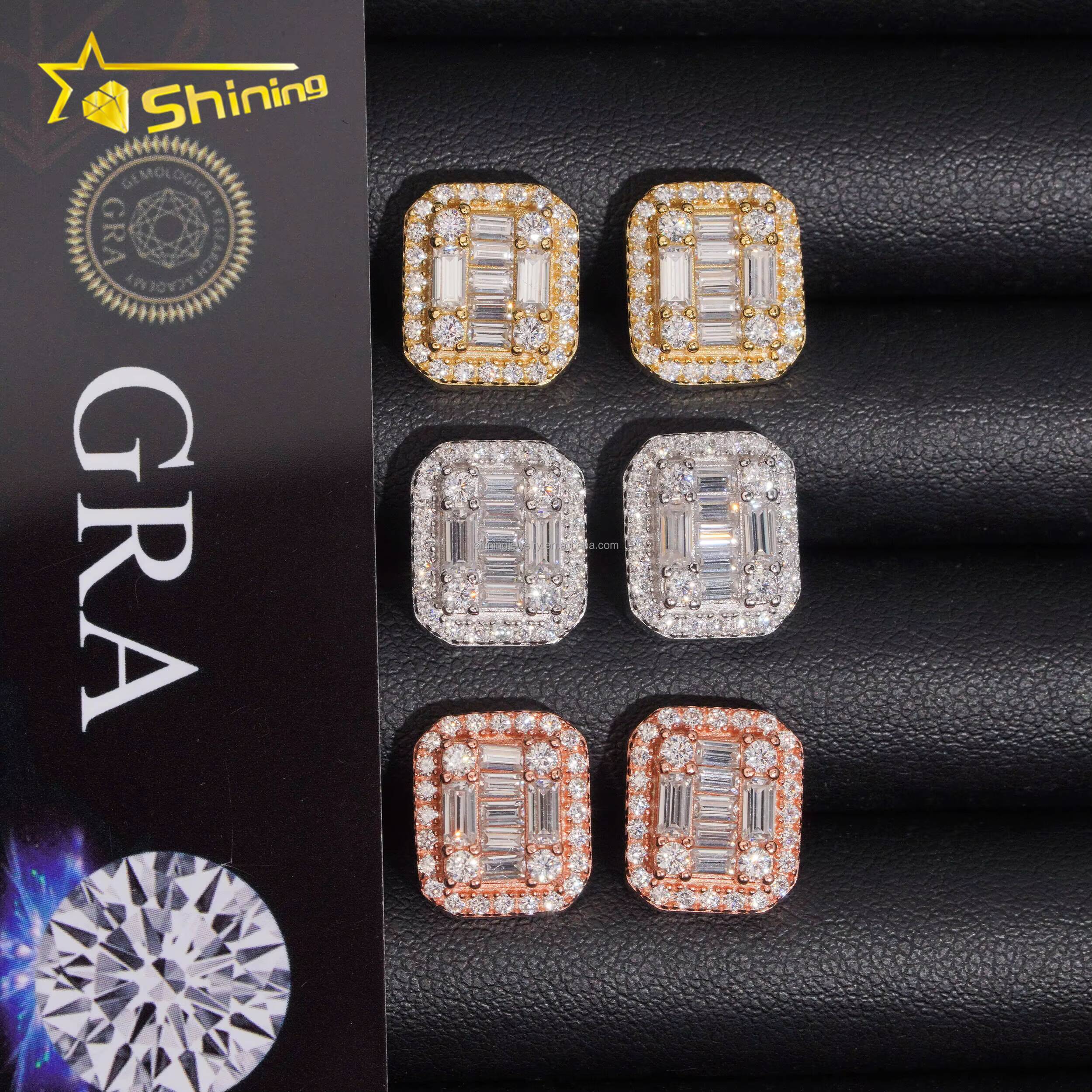 Unique Design Bulk Stock GRA Certificate Stud Earrings Baguette VVS Moissanite Diamond Iced Out 925 Silver Fashion Stud Earrings