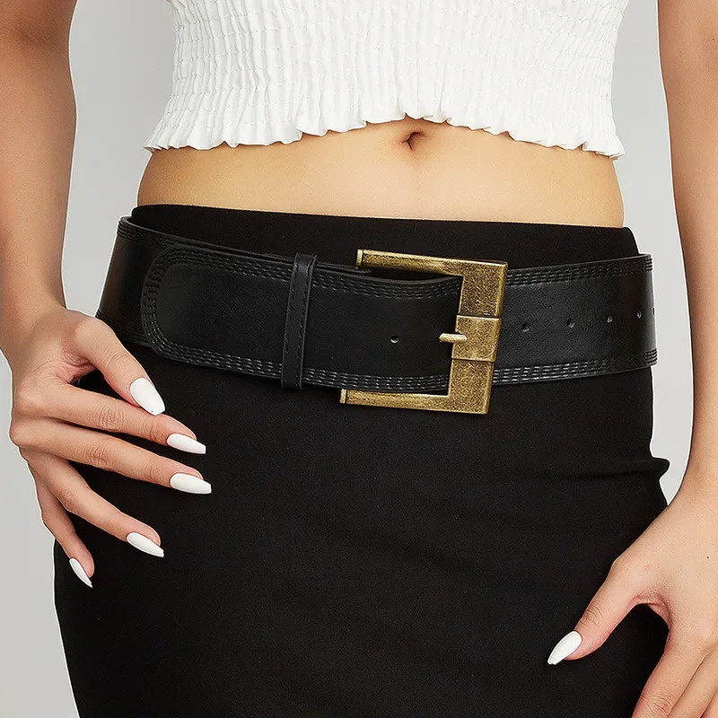 Vintage Wide Belts American Spice Girls Waist Closing PU Leather Girdle Square Antique Copper Buckle Men Women Jeans Accessories 250717