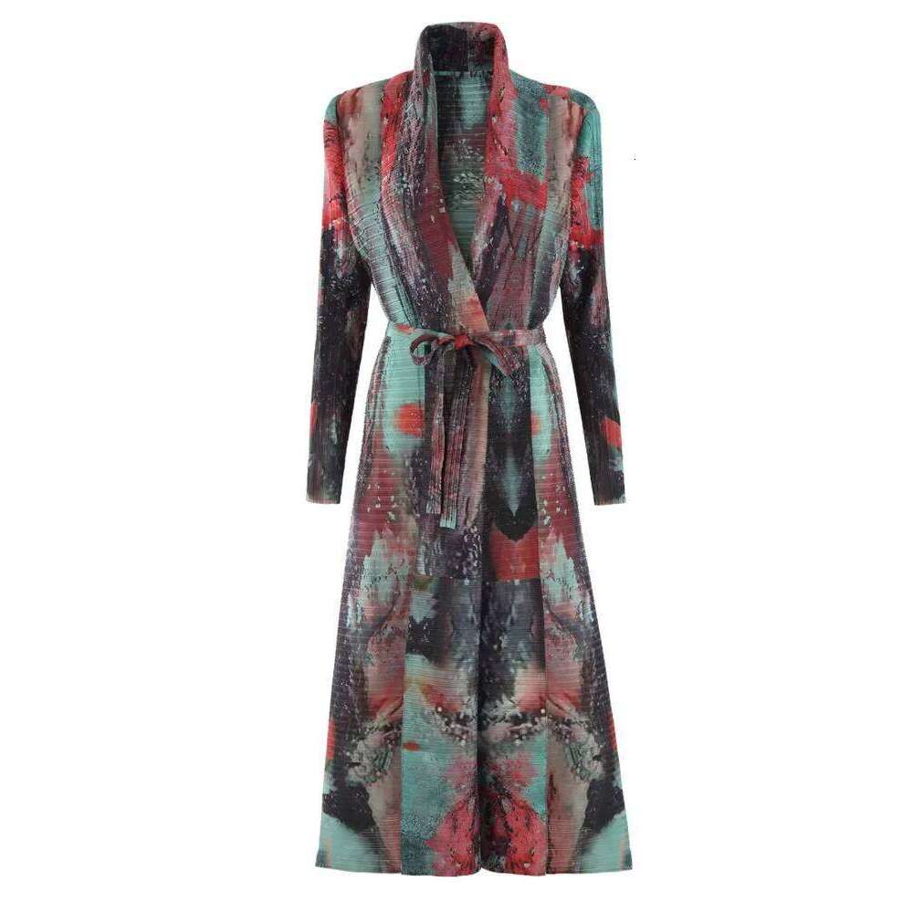 LANMREM Pleated Trench Coat Abaya Style Long Robe Women's Fashion Temperament Printed Versatile Coats With Belt 32Da2703