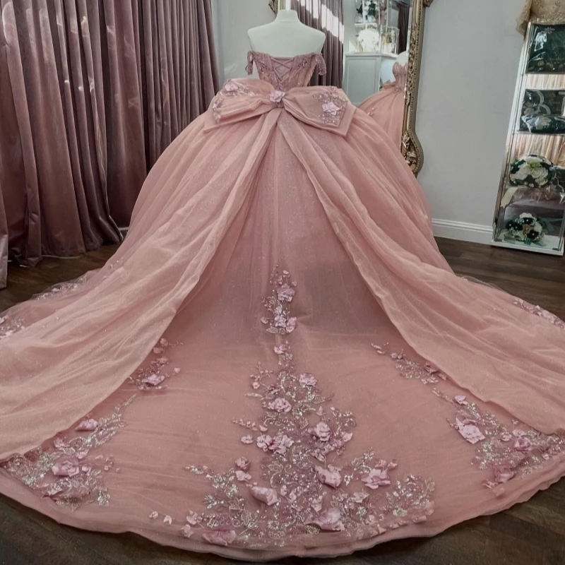 Pink Quinceanera Dresses Ball Gown Off The Shoulder Applique Flower Beading Bow Tull Party Birthday Sweet 16 Dress Vestidos 15 De Anos