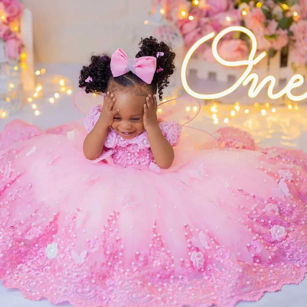 Flower Girl Dresses For Wedding Pink Tulle Pearls Lace Ball Gown Princess First Communion Birthday Photos Shoot Z250716