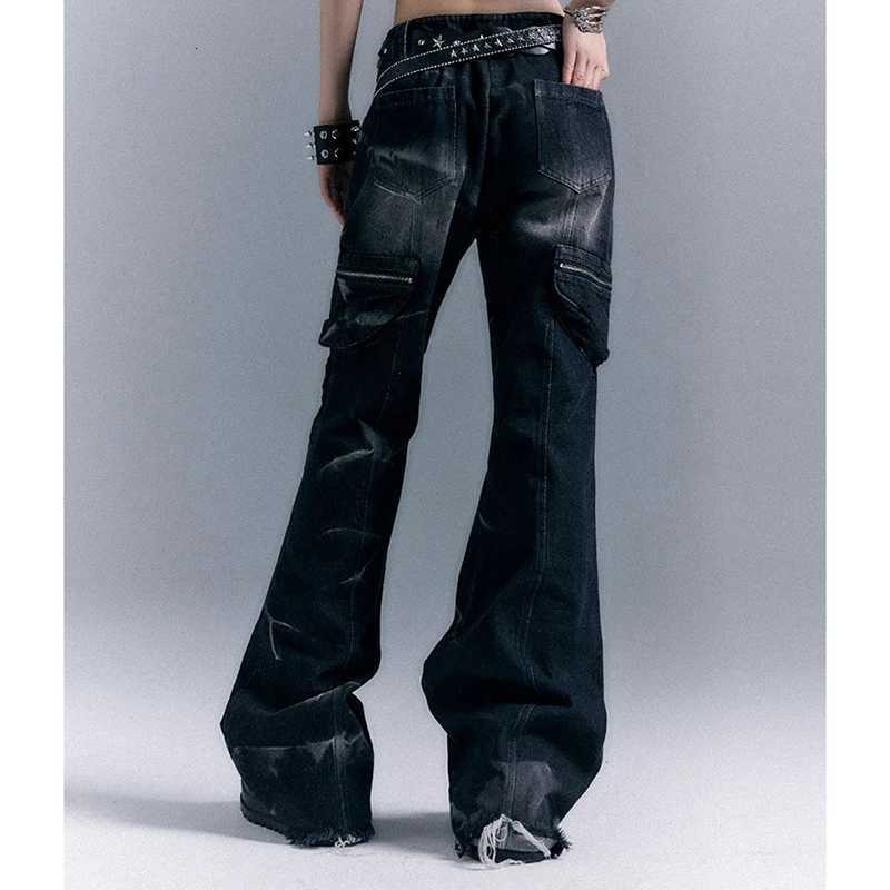 American Streetwear Grunge Flare Jeans Women Low Rise Riveted Gothic Vintage Denim Pants Harajuku Y2K Punk Slim Trousers R250716