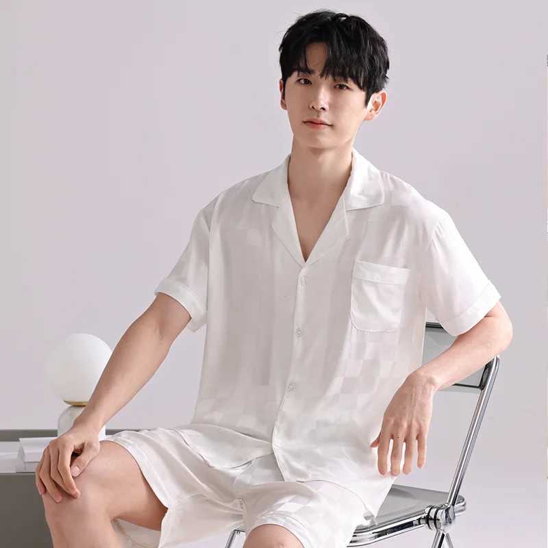 Ice Silk Pajamas Mens Spring and Summer Light and Breathable Simulation Silk Satin Short-sleeved Shorts Youth Simple Loungewear W250717