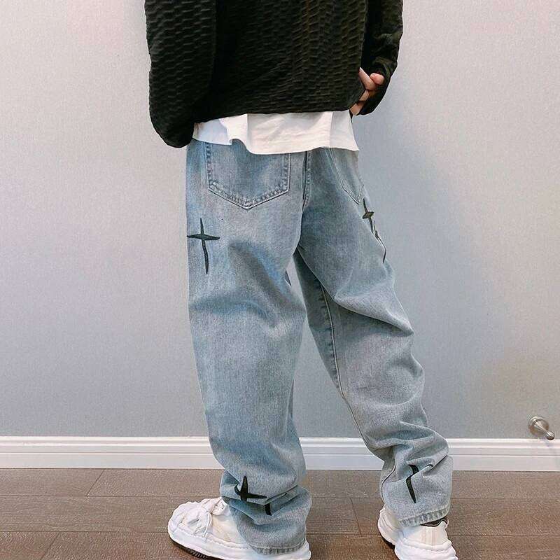 Prints Men 2023 New Streetwear Baggy Wide Leg Jeans Korean Fashion Drapes Straight Casual Loose Denim Cargo Pants